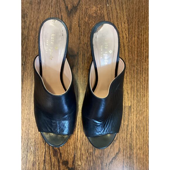 Kate Spade Black Leather Slide Mules w Geometric Glossy Stacked Heel 7.5 - Picture 5 of 7